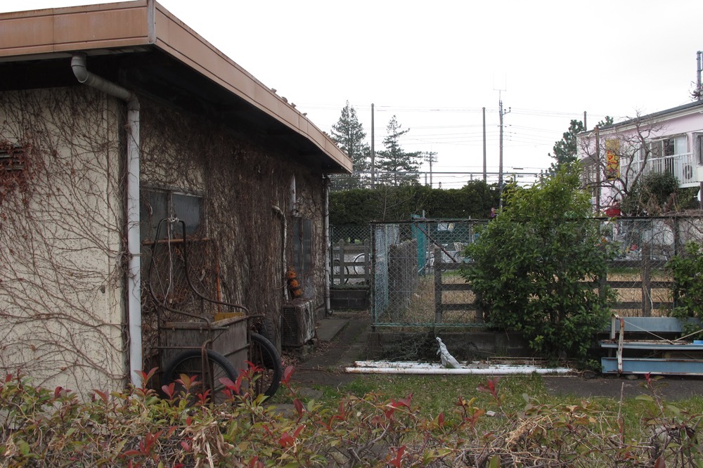 鎌田二丁目南公園の裏から見た鉄道柵、中央部付近が砧本村駅跡／2013年3月3日 砧本村停留所付近