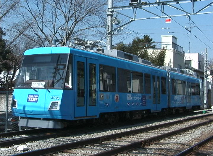 上町車庫に留置中の302編成「東急TOPカード」／2000年3月12日 上町車庫