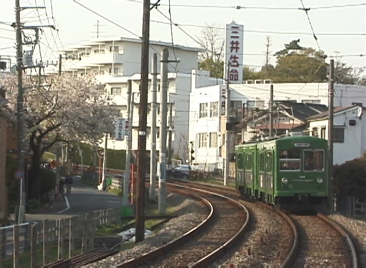 遅咲きの桜を横目に山下駅へ進入する154-153編成／2000年4月12日 山下〜松原間