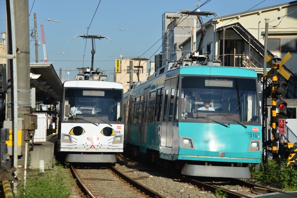 若林駅で並ぶ308編成「玉電110周年記念 幸福の招き猫電車」と310編成／2017年9月29日 若林駅