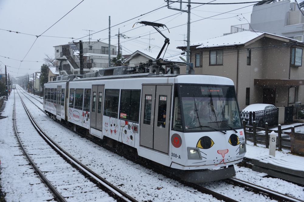 雪の中を走る308編成「玉電110周年記念 幸福の招き猫電車」／2018年2月2日 松原〜下高井戸間