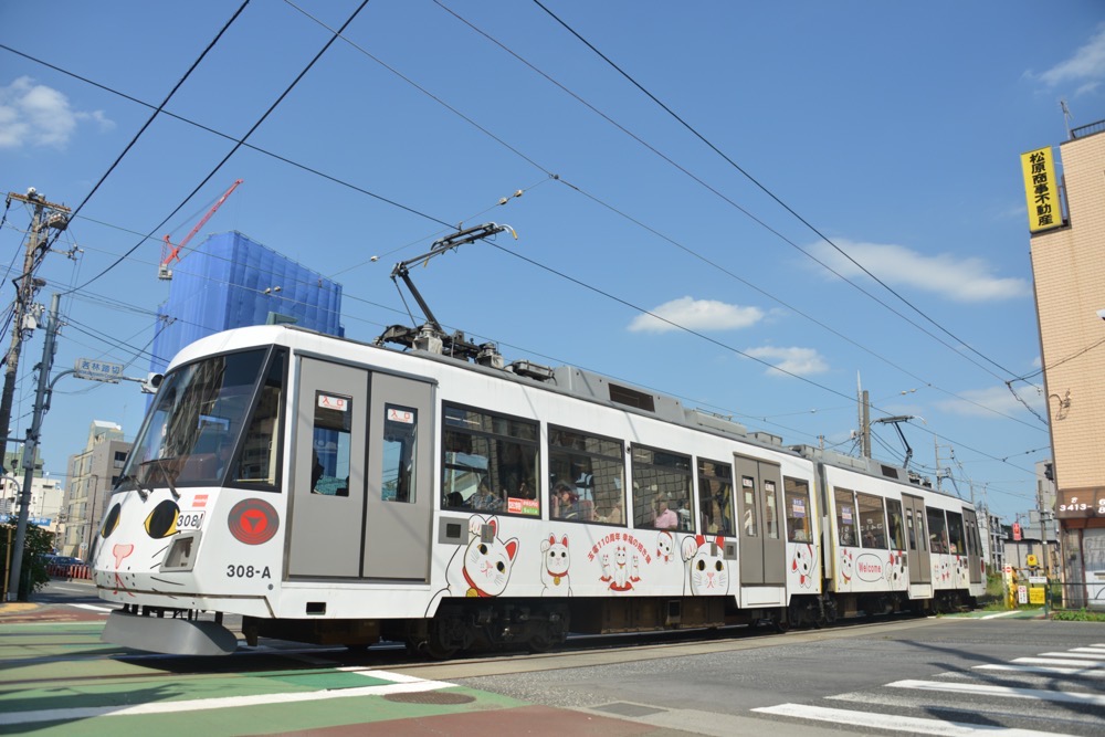 若林踏切を渡る308編成「玉電110周年記念 幸せの招き猫電車」／2018年9月19日 西太子堂〜若林間