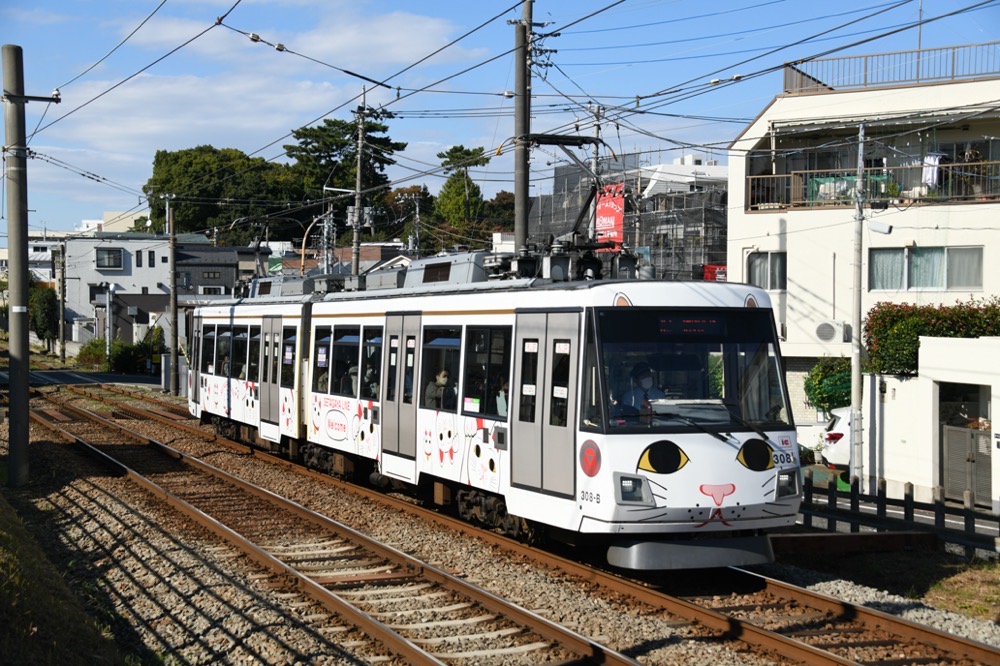 山下へ向かう308編成「幸福の招き猫電車」／2022年10月29日 松原〜山下間