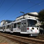 新緑の赤松公園を背景に走る308編成「幸福の招き猫電車」／2023年5月18日 松原〜下高井戸間