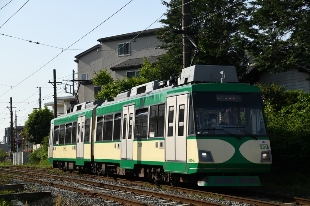 朝陽を浴びて走る301編成「『玉電カラー』電車」／2023年4月25日 山下〜松原間