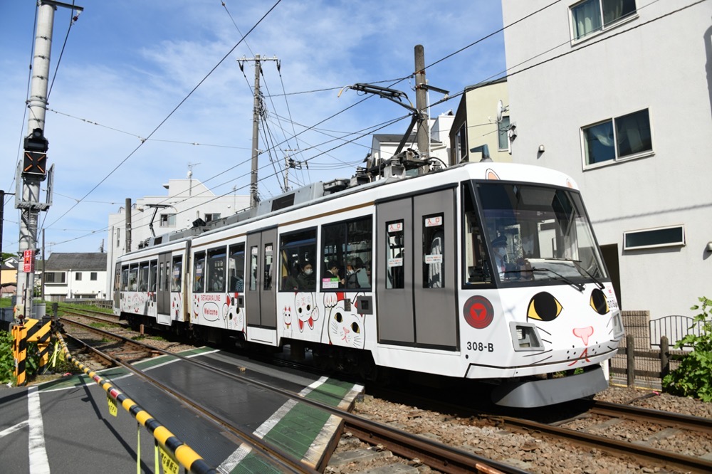 若林駅に進入する308編成「幸福の招き猫電車」／2023年4月29日 松陰神社前〜若林間