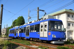 新緑の赤松公園を背景に走る308編成「幸福の招き猫電車」／2023年5月18日 松原〜下高井戸間