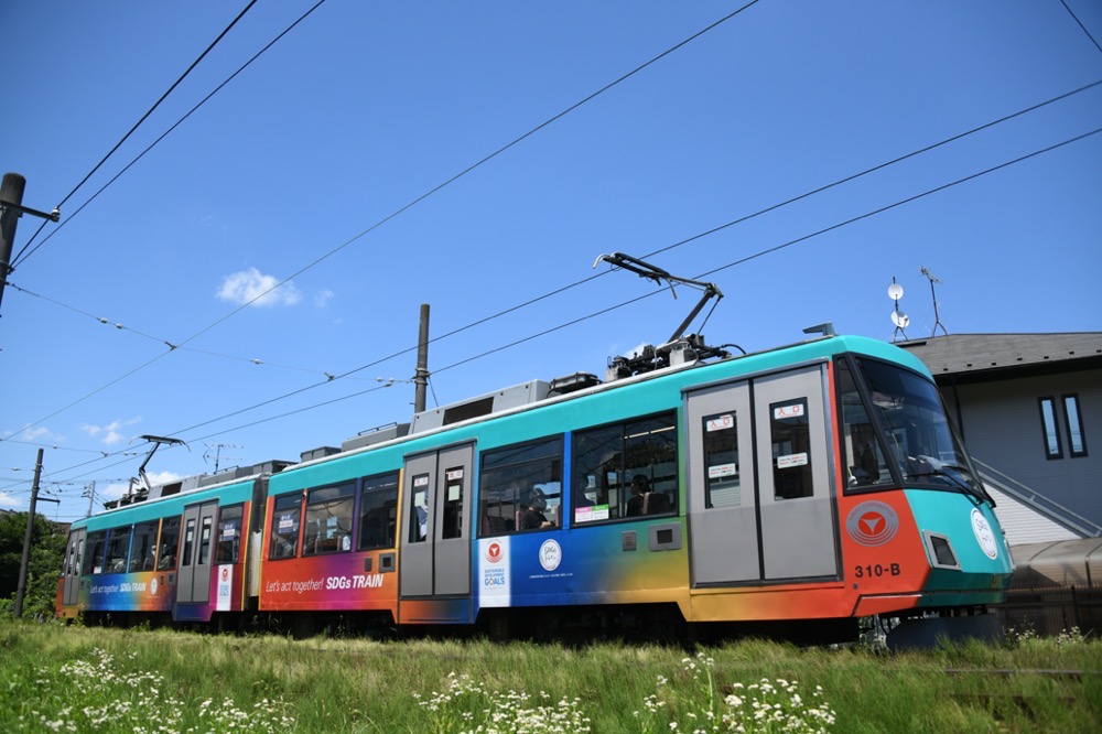 夏空の下を行く310編成「SDGsトレイン美しい時代へ号」／2023年7月2日 松原〜山下間