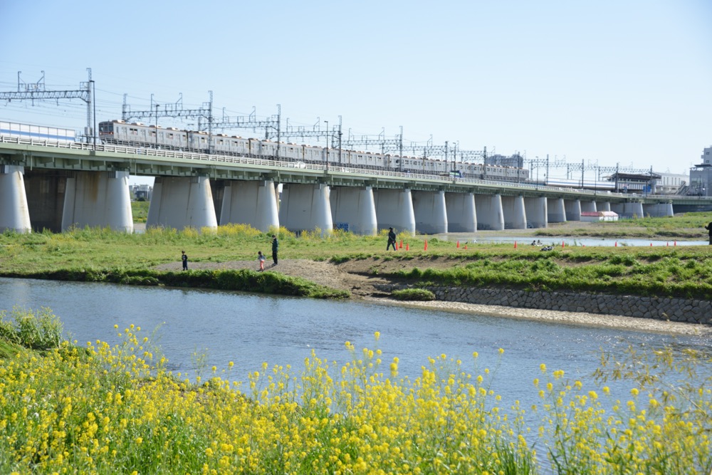 手前は道路専用橋となった国道246号線二子橋、奥は田園都市線二子橋梁／2020年4月14日 二子新地〜二子玉川間