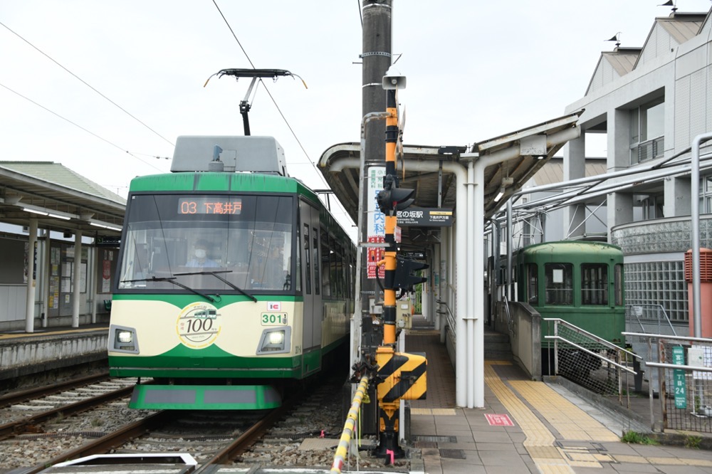 601号を横目に宮の坂駅を発車する301編成／2025年8月16日 宮の坂駅